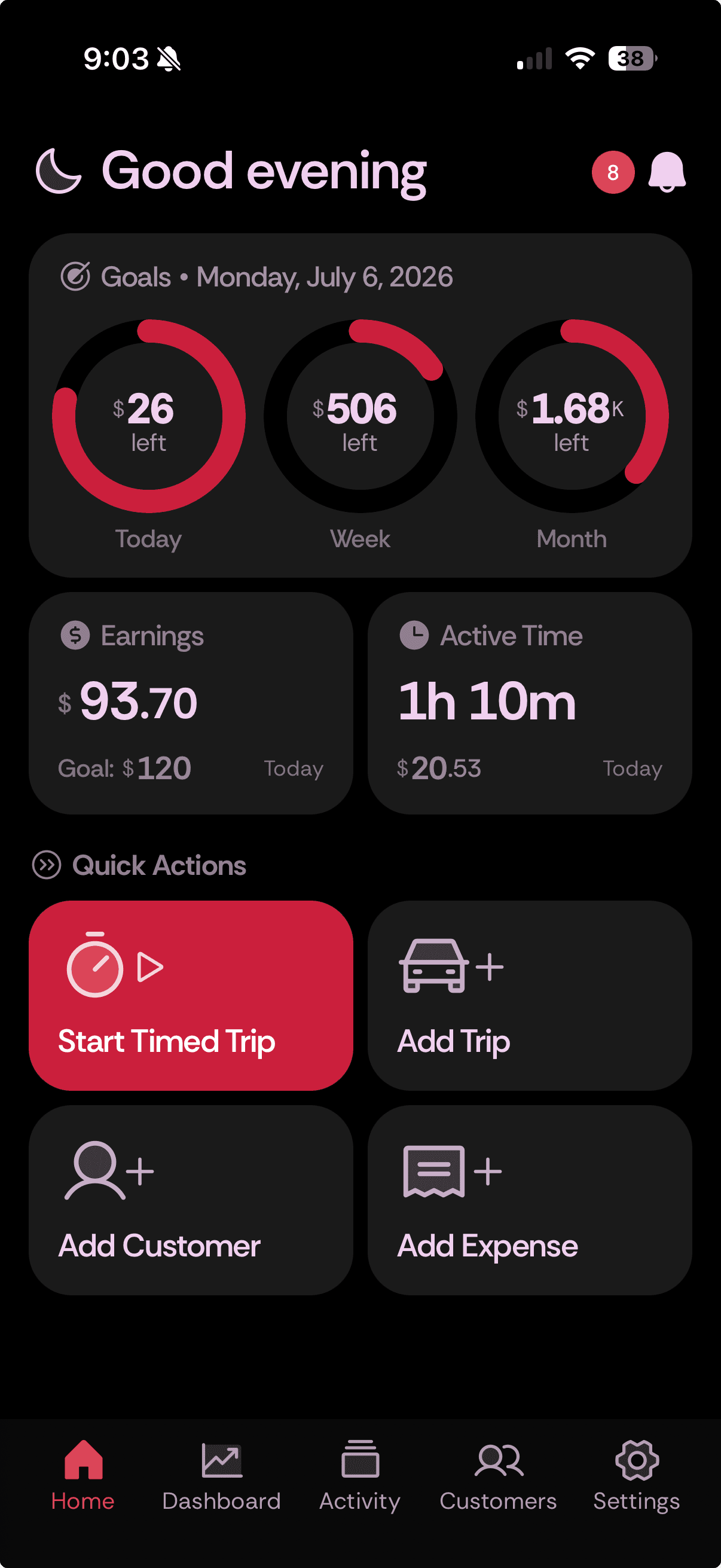 Roadash app dashboard screenshot