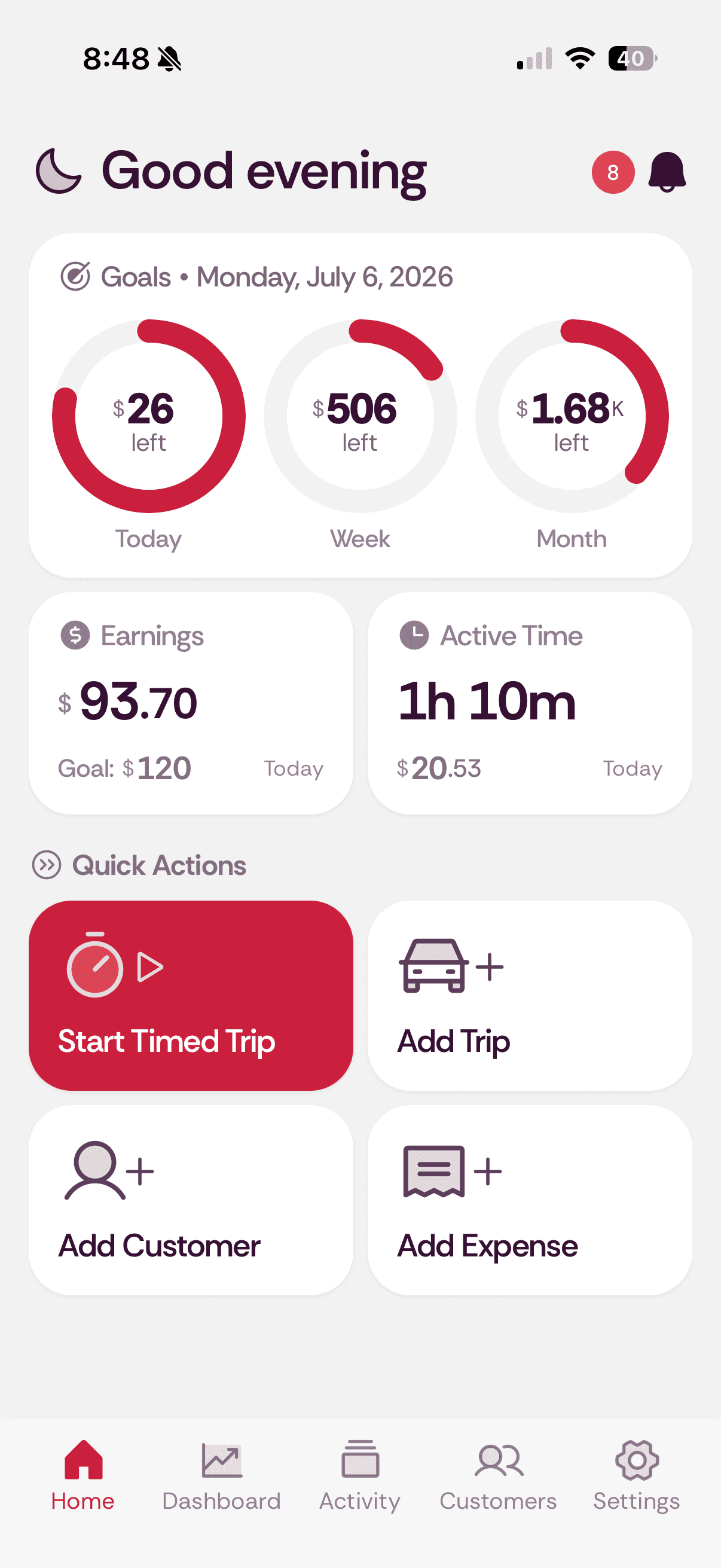 Roadash app dashboard screenshot